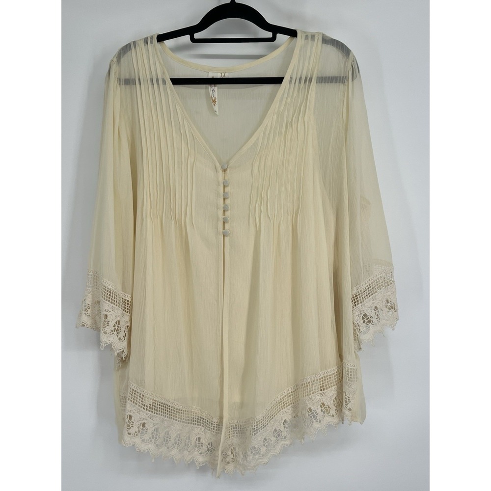 Boho Peasant Blouse 3X Crochet Lace Details Beige Soft Yellow with Cami Crinkled